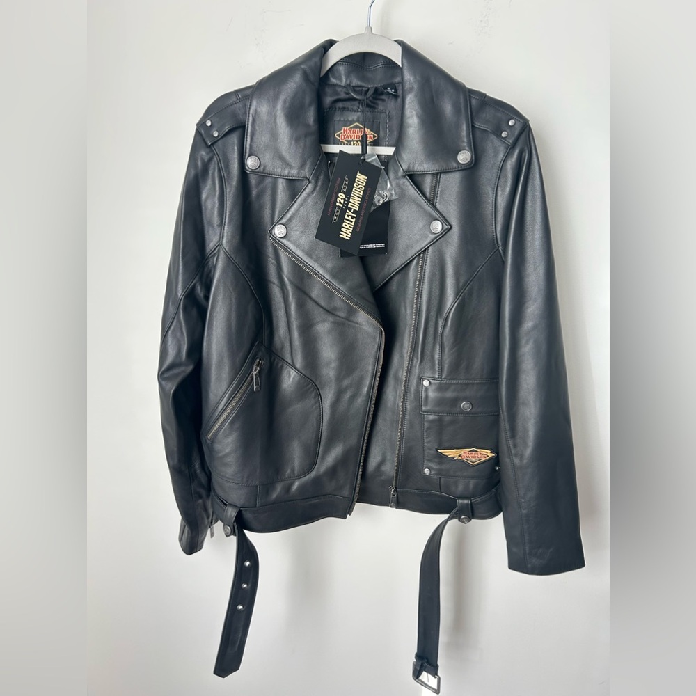 Harley Davidson black 120 Anniversary Wings Vintage Leather Motorcycle Jacket